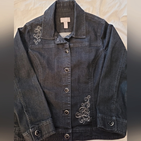 CHICO'S Denim Jacket Button Up Rhinestone Detail Women's Size 1 - Picture 1 of 6